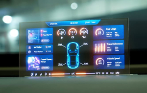 车用的9.38寸透明MicroLED显示器，穿透率提升至65%~70%，符合车厂所要求的规格