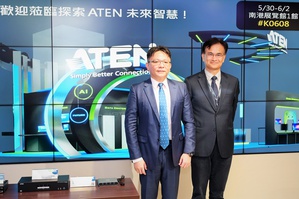宏正自動科技今日召開ATEN COMPUTEX 2023展前媒體說明會，
資深副總經理林勇達(左)及財務長暨發言人田慶威(右)
