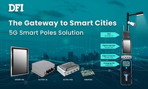 友通資訊以智慧城市為主軸，攜手捷智康科技於攤位上展示的5G智慧共桿（Smart Pole）解決方案，藉由整合多項軟硬體設備，共同展現AI邊緣運算與5G實力
