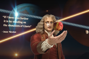 ASML生成AI企業短片其中難度最高的一段場景，呈現了牛頓在旋轉的行星間端詳他的蘋果。
