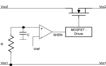 《图二 透过RC、比较器与MOSFET驱动线路的电源顺序控制》