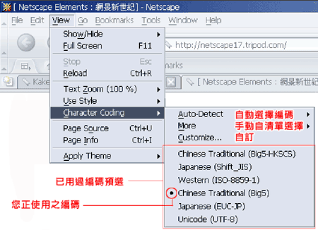《图一 在Netscape下设定Big5中文繁体码》