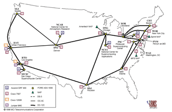 《圖一　NSF與美國大學高速的網路骨幹服務（vBNS）分佈圖》