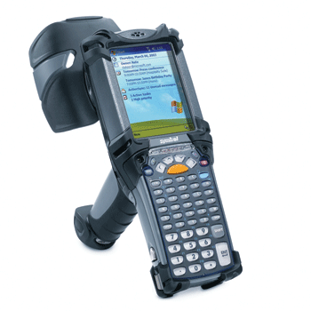 《图一 美国Symbol的手持式RFID读取器：MG9000C RFID，此是以PDA加搭RFID Reader而成的设计，PDA内的CPU为Intel PXA255，频率400MHz，嵌入式操作系统为Windows CE 4.2或Windows CE 5.0（亦称Windows Mobile 2003）。》
