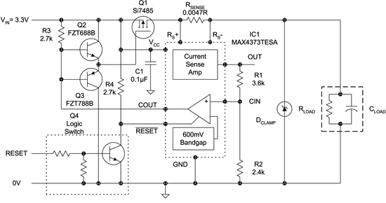 《圖一　整合電流感測放大器、閂鎖式比較器以及參考電路形成一個快速反應低電壓過電流保護電路。》