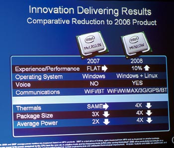 《图十九 英特尔推出新一代使用45奈米制程的Menlow平台，不但体积小，其电耗和通讯功能皆较前一代优良，预计在2008年推出。》