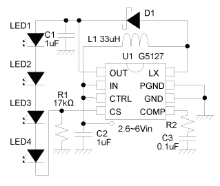 《图四 G5127标准应用电路（G5127最多可推动9颗LED，为与电荷帮浦作比较才推动4颗）》