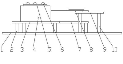 《图十 实验架构前视图：（1）底座（2）六角支撑柱（3）散热鳍片底座（4）LED（3W60ln）（5）铝基板（6）散热鳍片（7）压电扇片（8）风扇固定孔（9）固定风扇基座(10)六角支撑柱》