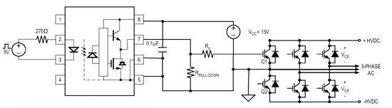 《图一 推动IGBT闸极驱动光耦合器的典型单电源应用电路，快速切换与0.5V最高VOL的组合通常可以节省提供用来确保关断速度够快的负向闸极电压需求。》