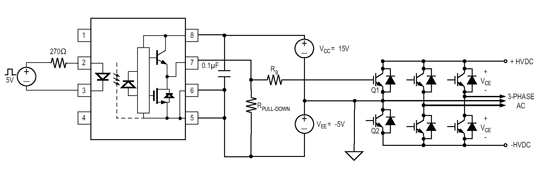 《图二 推动IGBT闸极驱动光耦合器的典型双电源应用电路，可能需要负向闸极驱动电压以确保具有高米勒电容的较高功率IGBT能够在切换运作时保持在关断状态。》