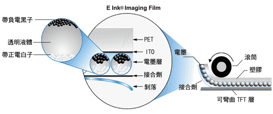 《图二 电泳显示技术为一种微型胶囊电泳的材料，而这是一种在微型胶囊内的特殊电泳溶液里，存在着许多悬浮的带电粒子 [2]》
