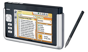 《圖四 Nokia於2005年發表770 Internet Tablet,自此開始口袋型上網機的風潮。(圖片來源:Nokia)》