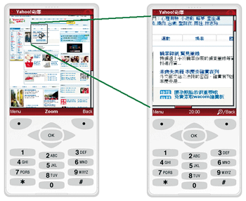 《圖七 Opera mini瀏覽器會先以全頁寬方式顯示網頁(圖左),進一步則可操控方框位置,點按後即可將方框位置的圖文內容局部放大(圖右),或回返原有全頁式顯示。(圖片來源:http://www.opera.com/mini/demo/)》