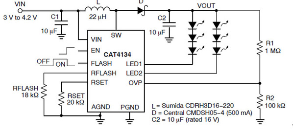 图九 : CAT4134专用LED驱动器典型应用电路图
