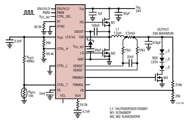 圖二 : 　提供 20A LED 電流的 LT3743 典型應用原理圖