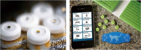 圖二 : 由數位健康諮詢服務公司Proteus Digital Health所開發出的智慧藥丸，當吃下去後，會產生類心電圖訊號，並透過體外的裝置來擷取信號。