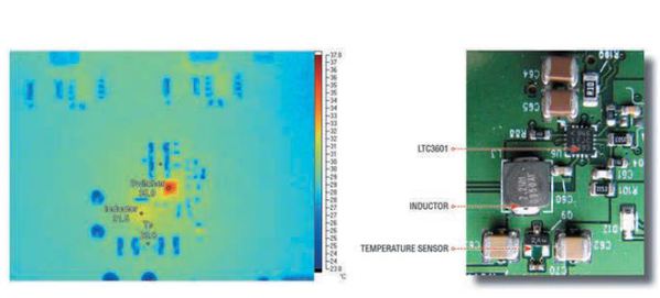 图四 : 一款DC/DC转换器的热像显示了实际电感器温度和温度监测点之间的差别