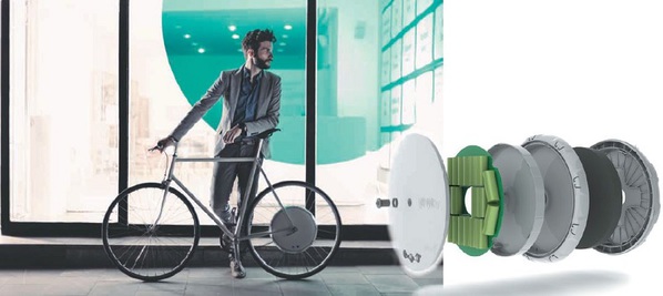 图二 : FlyKly Smart Wheel将马达、电池等零件体积缩小，放进轮胎中，其外观就如同一般的自行车轮胎，可以兼容至几乎每一辆单车上，非常易于安装。