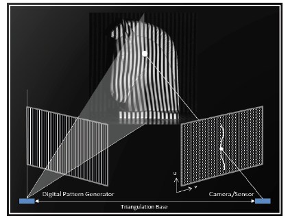 圖2 : 利用DLP技術的結構光進行掃瞄，建構物件的表面積、體積、細部特徵等3D數據。（Source：德州儀器）