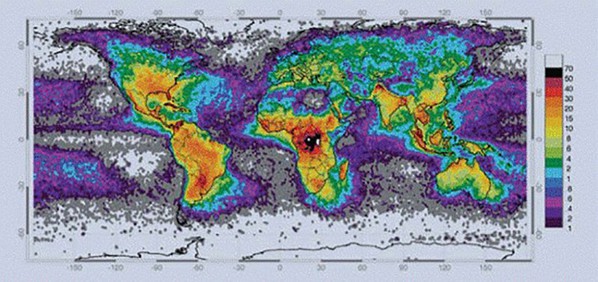 圖4 : 世界各地的閃電頻率—單位：閃電次數/平方公里/年—（美國航空航天局全球水文資源中心）。