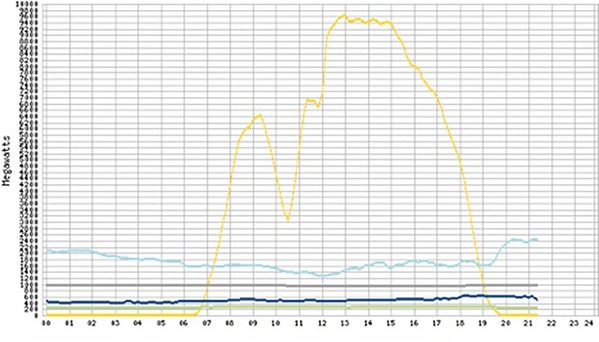 圖六 : 黃線是2017年8月21日加州太陽能發電量統計