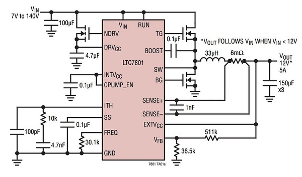 圖1 :  LTC7801 高壓降壓 DC/DC 控制器