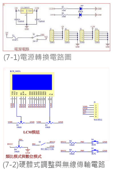 图7 : 电源转换电路图；硬体式调整与无线传输电路