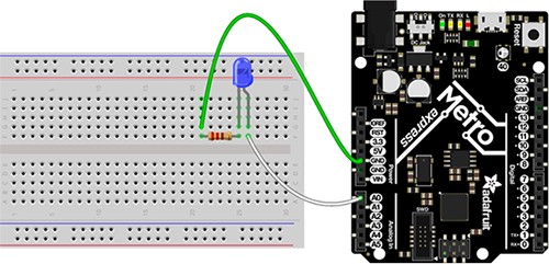 圖4 : 開發人員可以通過將試驗板電路，例如具有限流電阻器的LED，連接到 Metro M0 Express板的A0模擬輸出，即可調出MCU的DAC，從而快速構建外部硬體原型。（source：Adafruit）