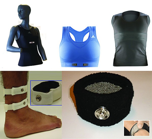 圖5 : 紡織電極可內嵌至衣服中，製成智慧運動衣，也可製作成隨時可摘式腕帶，而醫療方面則能應用在此類的電極帶。(source: Marquez, J. C. (2011))