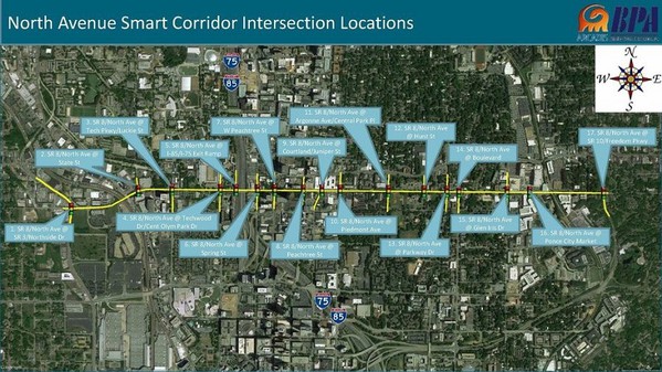 圖一 : 亞特蘭大市希望藉由智慧廊道計畫運用數據分析與人工智慧，全方位提升North Avenue的交通號誌運作效率並改善交通情況。（source：govtech.com）