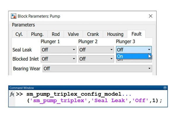 圖5 : 建立三缸泵的洩漏模型。可以利用泵浦模塊對話框（上）或程式指令（下）來變更參數。