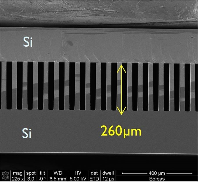 高深寬比微通道的掃描式電子顯微鏡（scanning electron micrograph；SEM）影像