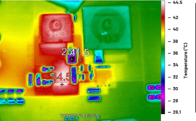負載中四象限轉換器輸電線路(逆向電流)模式的熱溫影像。4.5安培的電流從 VOUT 端子流向 VIN ，透過VOUT輸出一個12.5V的電壓。