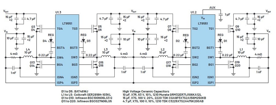 LT8551電源部分U1.2和U1.3的電路原理圖。LT8551連接至主升壓控制器的介面如圖1所示。VIN = 6 V至46 V，VOUT = 48 V（30 A時）。