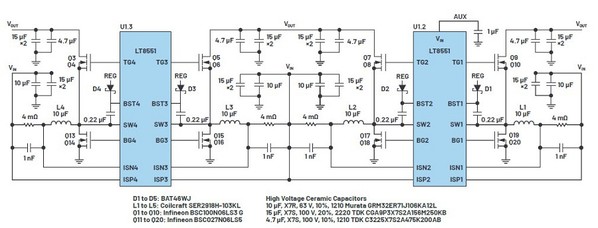 圖2 : LT8551電源部分U1.2和U1.3的電路原理圖。LT8551連接至主升壓控制器的介面如圖1所示。VIN = 6 V至46 V，VOUT = 48 V（30 A時）。