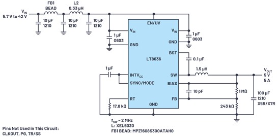 圖3 : 展頻模式下的超低EMI LT8636 5 V/5 A降壓轉換器，峰值電流為7 A，工作電壓5.7 V至42 V。