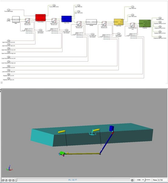 圖3 : （上）吸入管的Simscape模型；（下）Mechanics Explorer動態圖示。