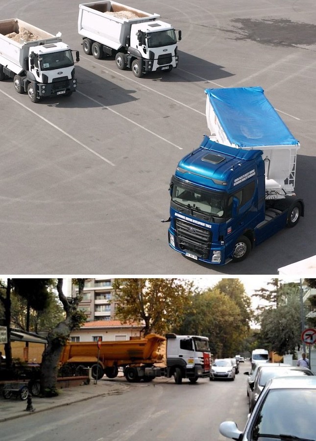 行駛在一個代表著裝卸碼頭情境的測試軌道上的卡車-拖車聯結車（上），以及城市環境（下）。