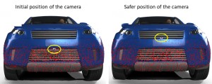 图6 : 车辆表面的碰撞点图。（左）相机的初始位置；（右）相机更安全的位置