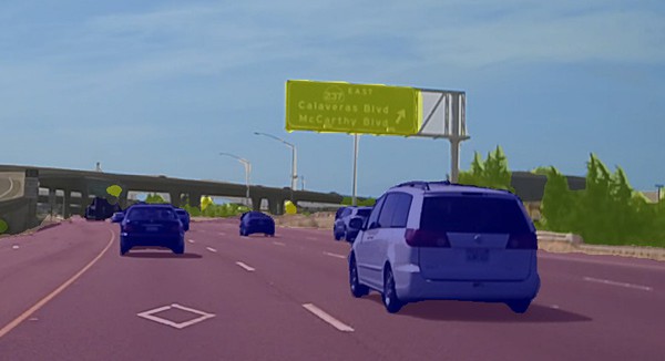 图4 : 语义分割预训练模型可针对道路、车辆、路标等物件类型进行辨识。（source：openvinotoolkit.org）