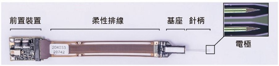 Neuropixels 2.0的四柄結構以及其他構件。
