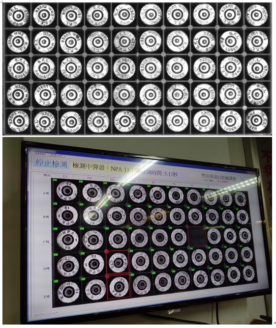 機器視覺系統透過學習完整且正確的子彈編號及排列，在檢測中框列出不合格的子彈。（source：睿怡科技）