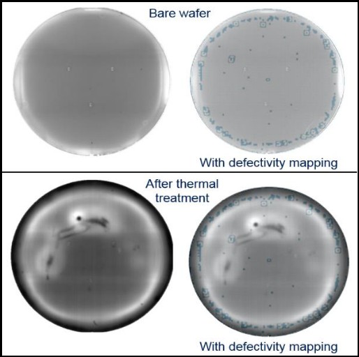 图11 : 受污染的裸晶圆片的光致发光图（左侧）及其与缺陷率图的叠加图（右侧），热处理后的受污染的裸晶圆片的光致发光图（左侧）及其与缺陷率图的叠加图（右侧）。