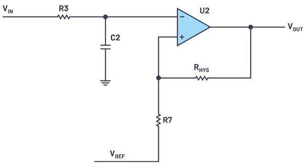图五 : 比较器前面的简单R和C构成的低通滤波器（source：ADI）