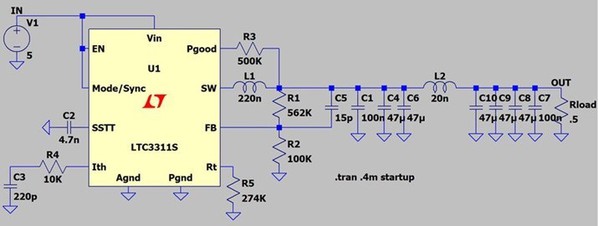 图2 : 使用LTspice评估系统电源输出端的不同电容。