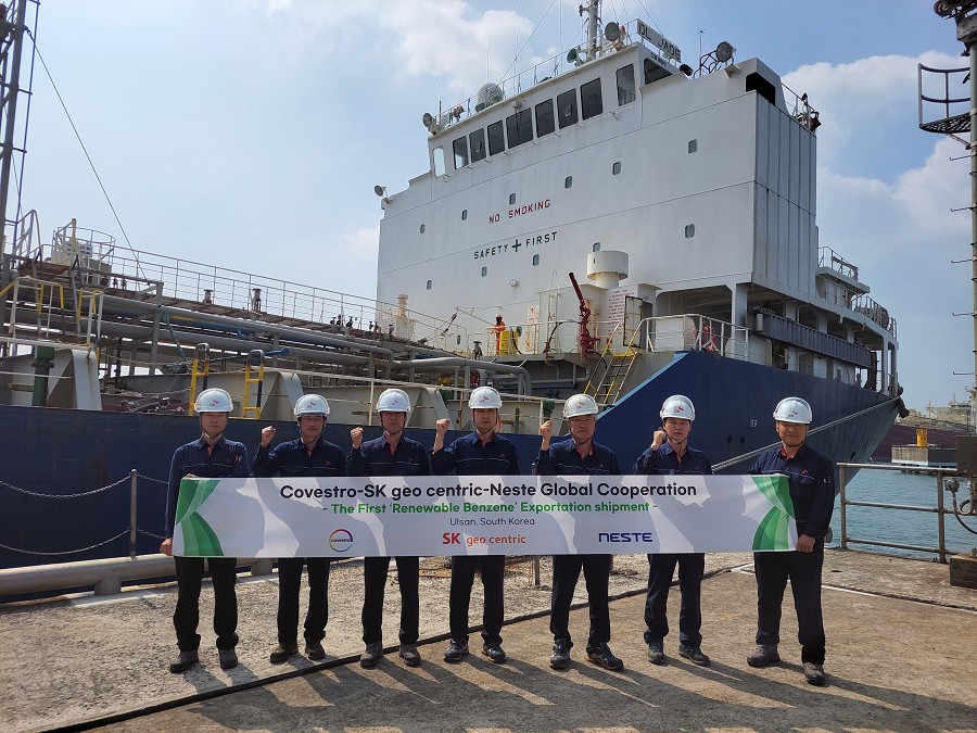 科思創、SK geo centric與耐思特（Neste）合作的第一批可再生苯離開韓國蔚山港（source：SK geo centric）