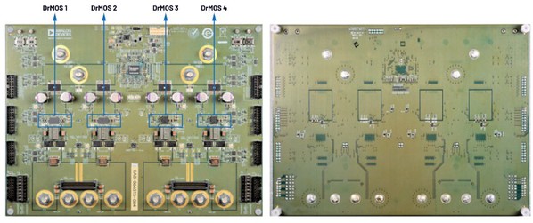 图三 : DrMOS评估板，顶部和底部。PCB尺寸：203 mm × 152 mm × 1.67 mm （L × H × W），2 盎司铜厚度