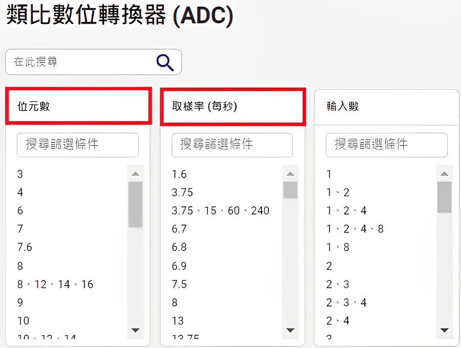在Digi-Key網站中透過參數篩選查找ADC