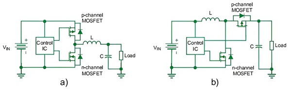 圖五 : 使用互補MOSFET的低功率：a)同步降壓轉換器和b)同步升壓轉換器
