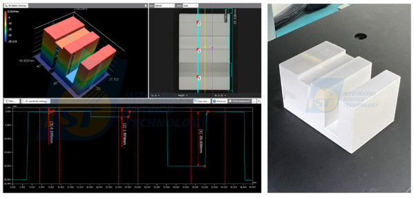圖二 : 宜特配備的表面3D輪廓量測儀，透過一次掃描階高塊(右圖)，透過分析操作即可獲取面上所有需求的階差、面尺寸。（圖片來源：宜特科技）